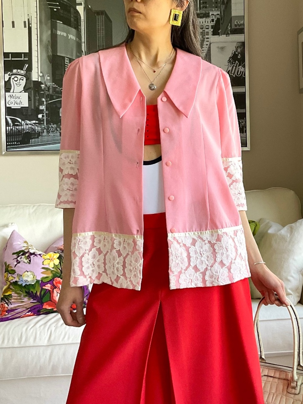 Vintage lace trim pink blouse/layering piece